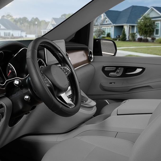 SEG Direct Car Steering Wheel Cover for Medium Standard Size Steering Wheels with 14 1/2-15 inches Outer Diameter, Black Microfiber Leather