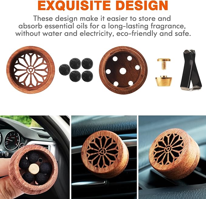 Essential Oil Car Diffuser, 2 PCS Gothic Flower Car Aromatherapy Wood Diffuser with Vent Clip