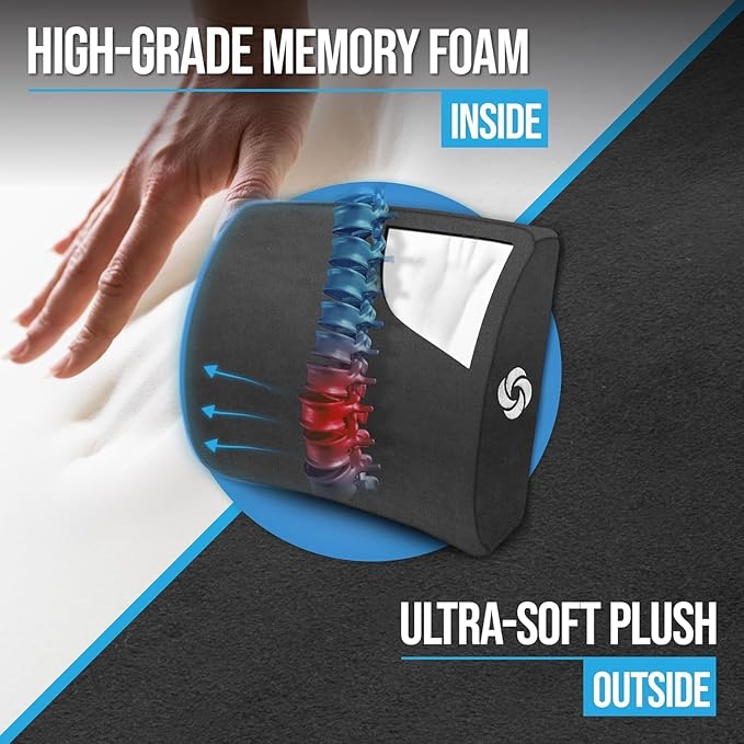 Samsonite Lumbar Support Pillow for Office Chair and Car Seat, Perfectly Balanced Memory Foam, Versatile Use Lower Back Cushion, Black Plush