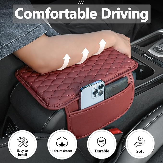 Upgraded Car Center Console Cover, Leather Armrest Cushion Pad with 2 Storage Bags, Microfiber Soft Waterproof Seat Box Cover Protector, Cars Interior Decor Accessories Fit for Most Vehicles