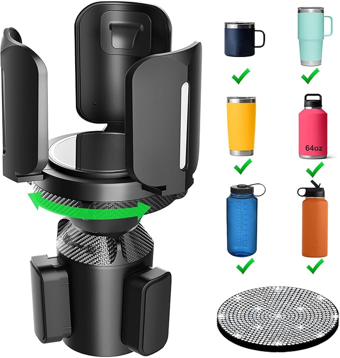 Upgraded 64oz Large Cup Holder Expander with Coaster for Car, Expandable Cup Holder Adapter with Adjustable Base, Universal Compatible with Yeti, Hydro Flasks, Owala, Other Big Bottles Mugs Drinks