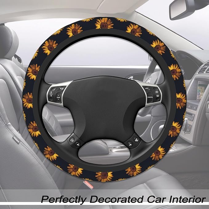 Yellow Sunflowers Steering Wheel Cover for Women, Anti-Slip High Elastic Breathable Soft Rubber Car Steering Wheel Protective Cover, Universal 15 Inch Fit for Cars, Auto, SUVs