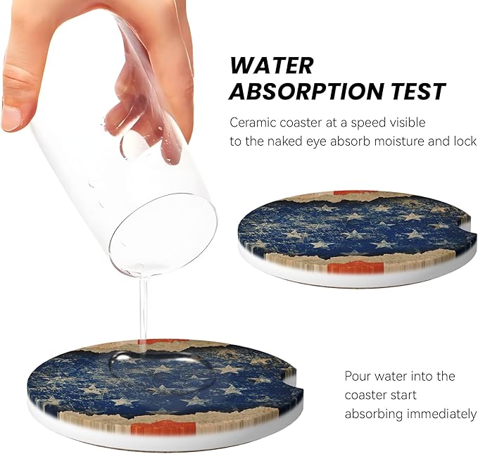 Absorbent Car Coasters for Cup Holders, 2 Pack Universal Anti Slip Ceramic Cup Coaster for Women Men 2.56 Inch Car Interior Accessories - Vintage Stars and Stripes 010