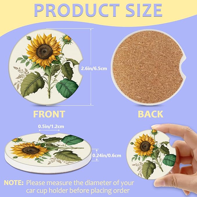 2 Pack Car Cup Holder Coaster-Sunflower Green Leaves Absorbent Ceramic Coaster, Car Coasters for Cup Holders,Auto Accessories for Women & Men