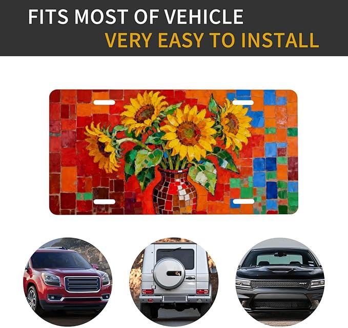 Sunflower Vase Front License Plate Car Decorative License Plates Aluminum Metal Decor Accessory Novelty Vanity Tag Cover with 4 Holes for Men Women 6" X 12"
