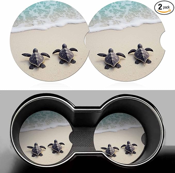 Sea Turtles 2 Pack Car Cup Holder Coaster on The Beach Anti Slip Insert Absorbent Ceramic Car Coaster with Cork Base and Finger Notch Cute Car Accessories Interior for Women Men