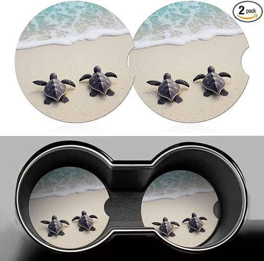 Sea Turtles 2 Pack Car Cup Holder Coaster on The Beach Anti Slip Insert Absorbent Ceramic Car Coaster with Cork Base and Finger Notch Cute Car Accessories Interior for Women Men