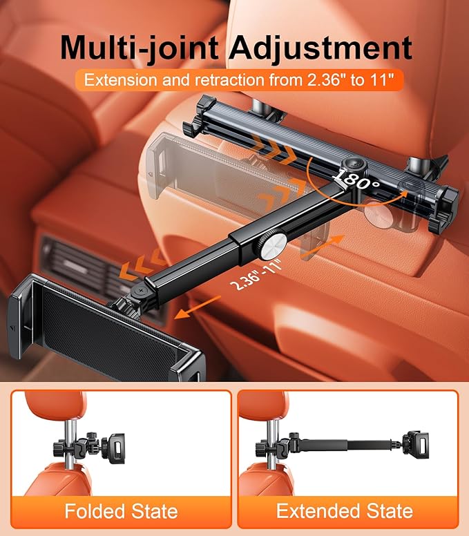 Extension Arm Tablet Holder for Car Headrest, Adjustable iPad Holder for Car Backseat Rear Facing for Kids Baby, Car Mount Fit for 4.7"-13" Cell Phone iPad mini Air Pro 12.9 Switch Fire, Black
