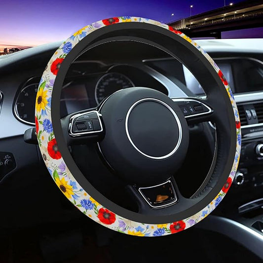 Personalized Retro Flowers Floral Steering Wheel Cover, Non-Slip Breathable Neoprene Elastic Stretch Universal Car Accessories 14.5–15 inch