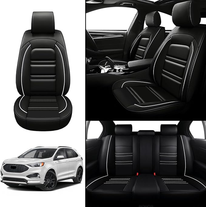 Seat Covers for Ford Edge 2007-2024 | 5-Seats Leather Seat Covers, Easy to Install Automotive Seat Covers Full Set (Full Set, Black&White Line)