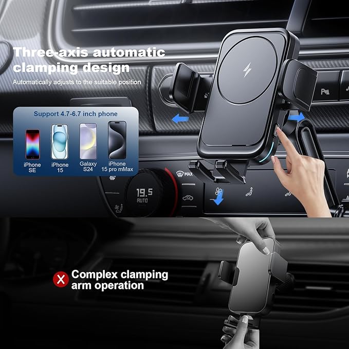 Wireless Car Charger Car Cup Phone Holder 15W Fast Charging Auto Clamping Car Charger Dual Port PD&QC3.0 for iPhone16/15/14/13/12/11 Pro Max Xs, Samsung Galaxy S24 Ultra S23 S22 S21 S20