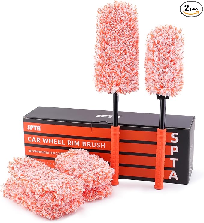 SPTA Car Wheel Brush Set, 2Pcs Microfibre Rim Brush with Extra 2 Large and 2 Small Interchangeable Microfiber Covers, Rim Cleaner Brush for Wheel Cleaning, Wheel Cleaning Brush for All Wheel Types