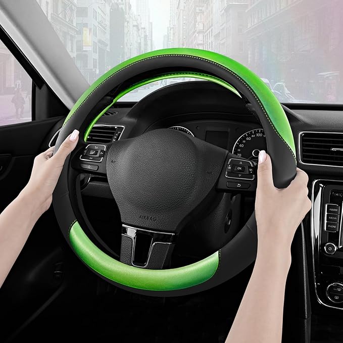 Road Comforts Steering Wheel Cover – Breathable Leather Steering Wheel Cover, Anti-Slip Grip, Universal Fit 14.5” to 15”, Heat & Cold Resistant for Cars, SUVs, and Trucks – Black & Shining Green