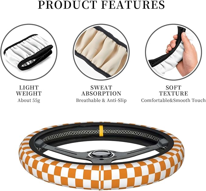Yellow Checkered Steering Wheel Cover for Women,Universal Auto Steering Wheel 14-15 Inch Car Interior Accessories with 2PCS Car Coasters,Suitable for Men and Women