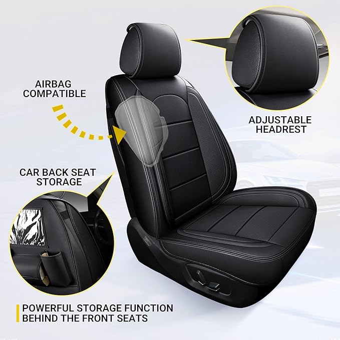 AOOG Leather Car Seat Covers with Car Backseat Organizer, Universal fit Automotive Vehicle Most Sedan SUV Pick-up Truck (Full Set, Black)