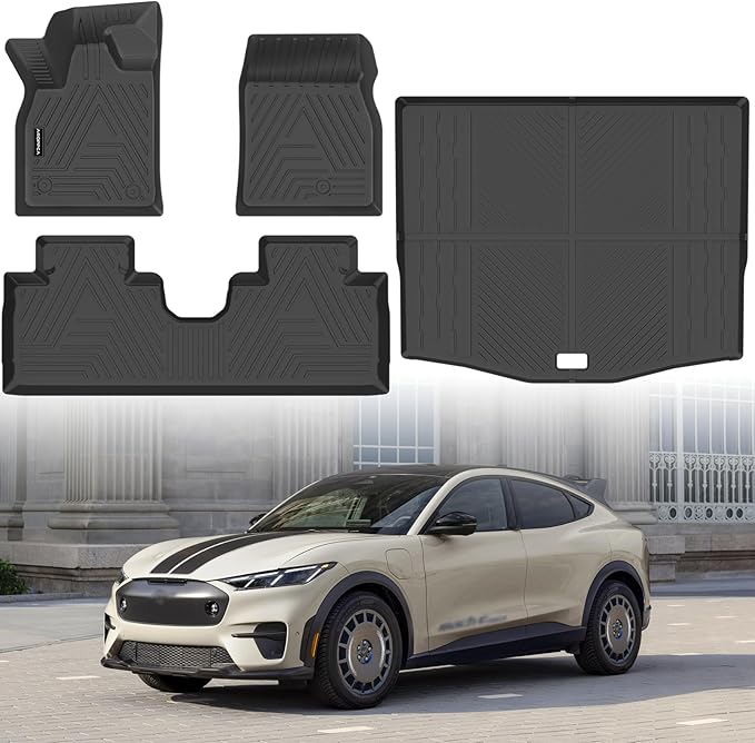All Weather Floor Mats Cargo Liner for Ford Mustang Mach E 2021-2025 (NOT for Ford Mustang), TPE Rubber Floor Liners Anti-Slip Full Set Automotive Mats for 2025 Mustang Mach E Accessories