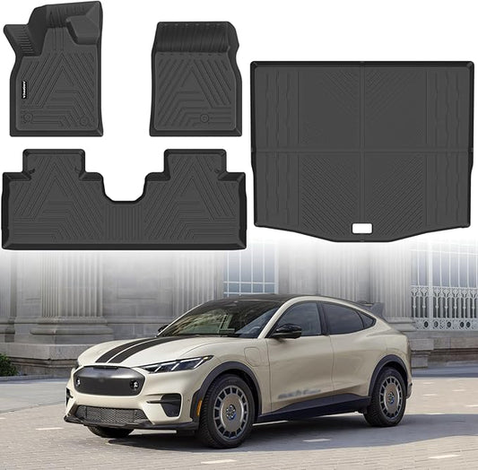 All Weather Floor Mats Cargo Liner for Ford Mustang Mach E 2021-2025 (NOT for Ford Mustang), TPE Rubber Floor Liners Anti-Slip Full Set Automotive Mats for 2025 Mustang Mach E Accessories
