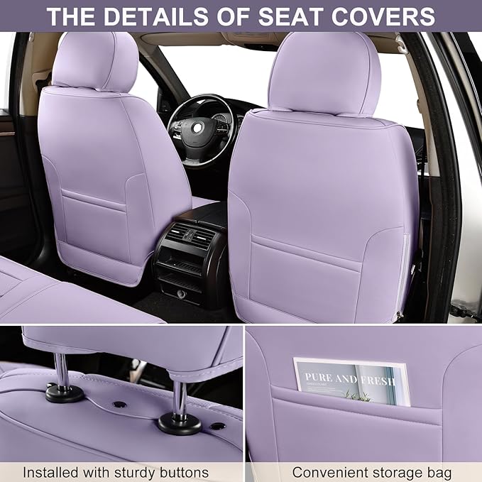 Leather Car Seat Covers Full Set with Lumbar Support, Waterproof Car Seat Cover, Universal Seat Covers for Cars, Trucks, SUVs, Sedans, Airbag Compatible, Front Pair and Rear, Purple