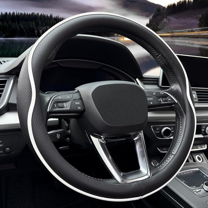 Leather Steering Wheel Cover， with Anti-Slip Stripe Design - Enhanced Grip, Fashion Style, Safe, Non-Slip, Breathable. Upgrade car Interior，Black White