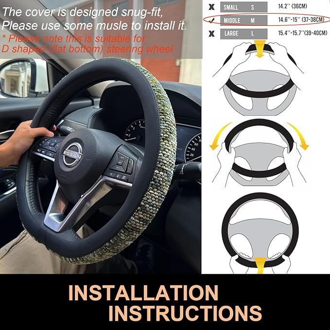 PINCTROT D Shaped Chenille Leather Steering Wheel Cover, Soft Mottled Colors, Sweat-Proof, Non-Slip Grip, All-Season Comfort, Flat Bottom 14.5-15 Inch(Mottled Green)