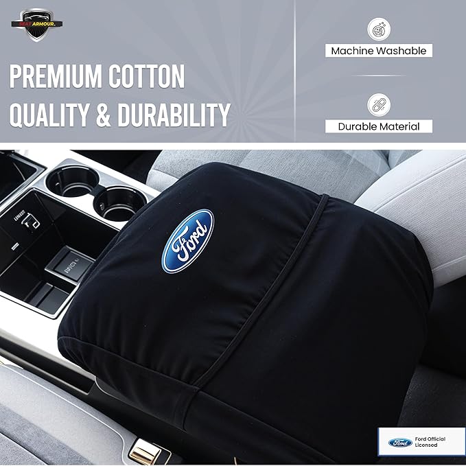 Seat Armour Center Console Cover for Ford F-150 (2004–2014) – Black, Custom Fit with Officially Licensed Embroidered Ford Logo – Soft, Durable & Machine Washable