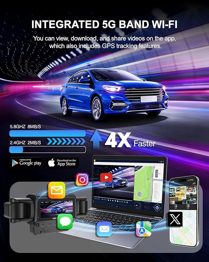 4 Channel 360° Radar Dash Cam Front and Rear Camera for Cars, STARVIS 2 Sensor, Free 128GB Card Included, 24H Parking Mode, 5.8GHz WiFi, Built-in GPS, G-Sensor, 8 IR Night Vision, 170°Wide Angle