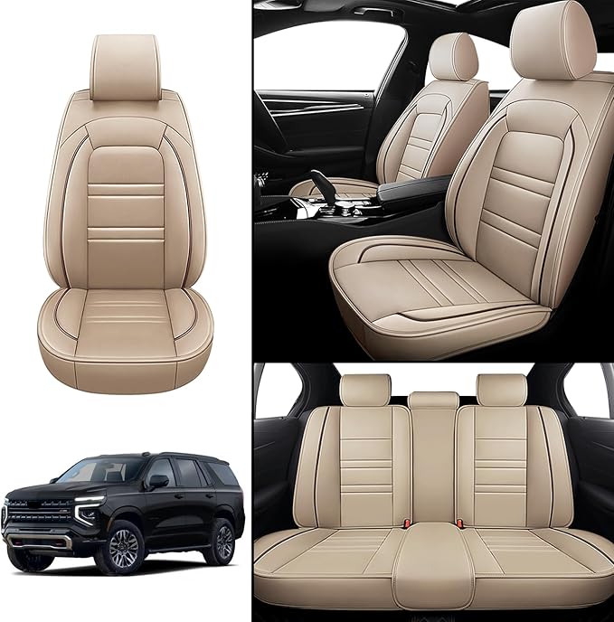 Seat Covers for Tahoe 1995-2025 | 5-Seats Leather Seat Covers, Easy to Install Automotive Seat Covers Full Set (Full Set, Beige)