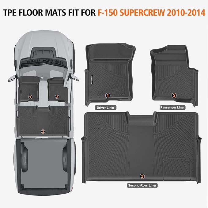 All Weather Floor Mats for 2010-2014 Ford F150 SuperCrew/Crew Cab with 1st Row Bucket Seat, TPE Rubber Floor Liners Anti-Slip Full Set Automotive Mats for 2014 F150 Accessories