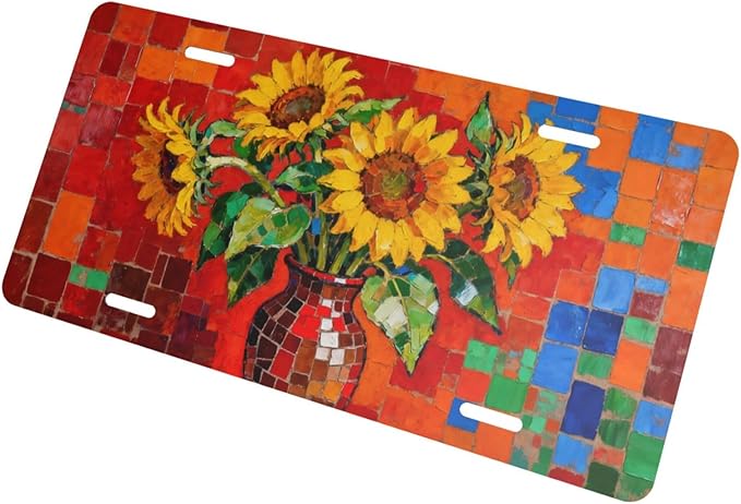 Sunflower Vase Front License Plate Car Decorative License Plates Aluminum Metal Decor Accessory Novelty Vanity Tag Cover with 4 Holes for Men Women 6" X 12"