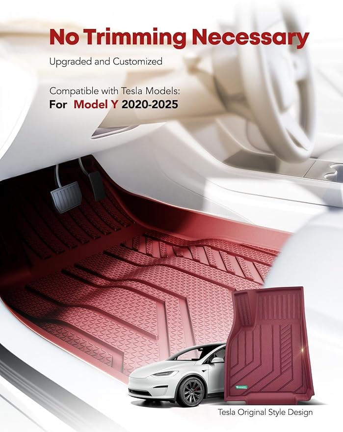 YHTAUTO Custom Fit Light Red Car Floor Mats for Tesla Model Y 2025-2020 (5-Seat) Not for Juniper, 1st & 2nd Row All Weather TPE Car Carpet Liners, Anti-Slip Waterproof, Automatic Mats, Set of 3