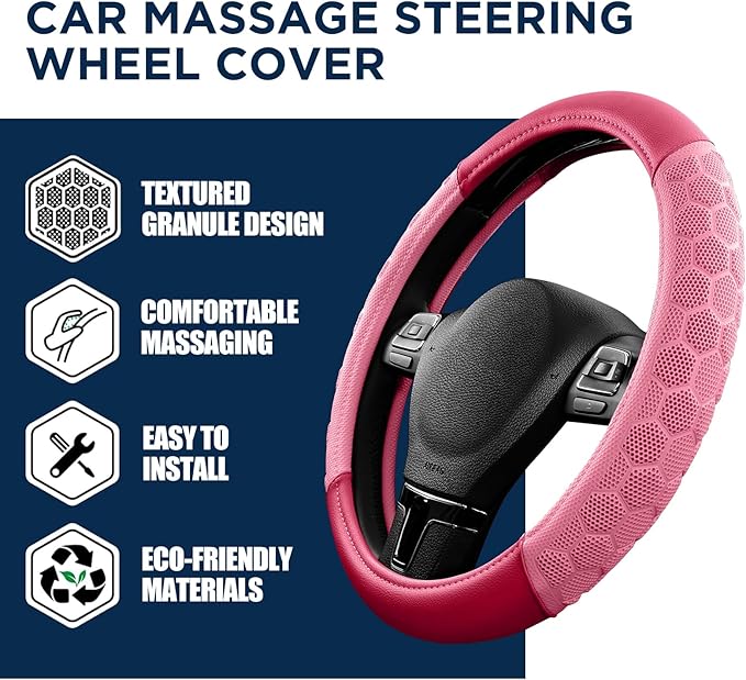 PIC AUTO Massage Steering Wheel Cover, Pink Football Pattern Material Spliced & Hotpink Leather Car Steering Wheel Cover, Car Steering Cover, Universal Fit 14.5"-15.5" for Cars, Trucks, Van, SUVs