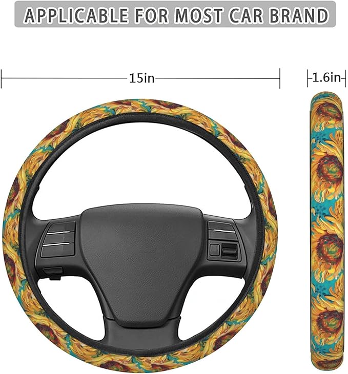 Painting Sunflower Steering Wheel Covers Anti-Slip Elasticity Car Accessories Steering Wheel Protector Universal 15 Inch for Cars SUV Vehicle Truck