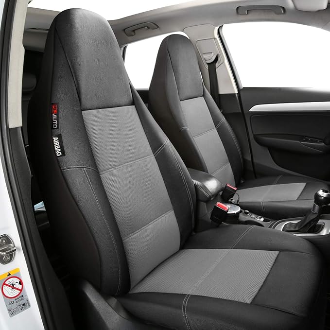 P&J AUTO Leather and Mesh High Back Car Seat Cover Front Pair Integrated Bucket Seat Airbag Compatible (Grey)