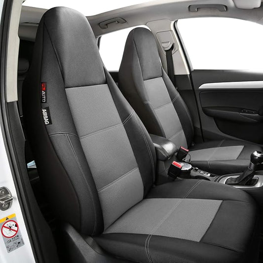 P&J AUTO Leather and Mesh High Back Car Seat Cover Front Pair Integrated Bucket Seat Airbag Compatible (Grey)