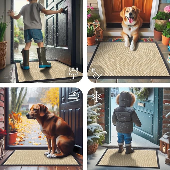 Smiry Front Door Mat Outside Entrance, Heavy Duty Outdoor Indoor Natural Rubber Doormat, Non Slip, Trap Dirt and Moisture, Easy Clean, Low Profile Patio Porch Entryway Mat, 71x23, Beige