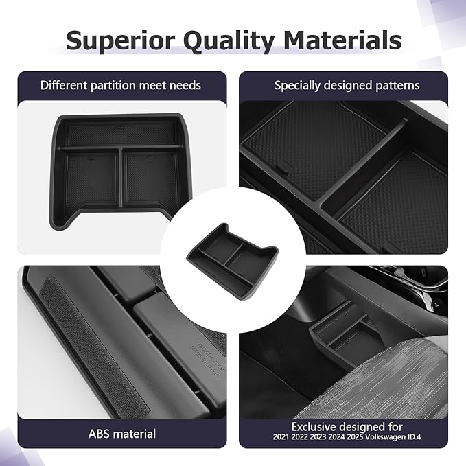 LUWU 2025 VW ID4 Lower Center Console Tray Storage Box for 2021 2022 2023 2024 2025 VW ID.4 Accessories 2025 ID 4 Armrest Console Organizer ABS Material Black-Trim