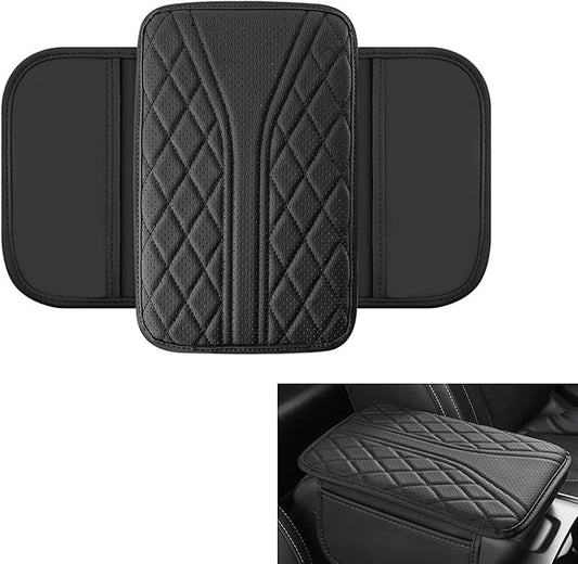 Car Center Console Cover with Storage Bags, Leather Armrest Pad Protector for SUV, Sedan, Truck Interior Accessories (Black)