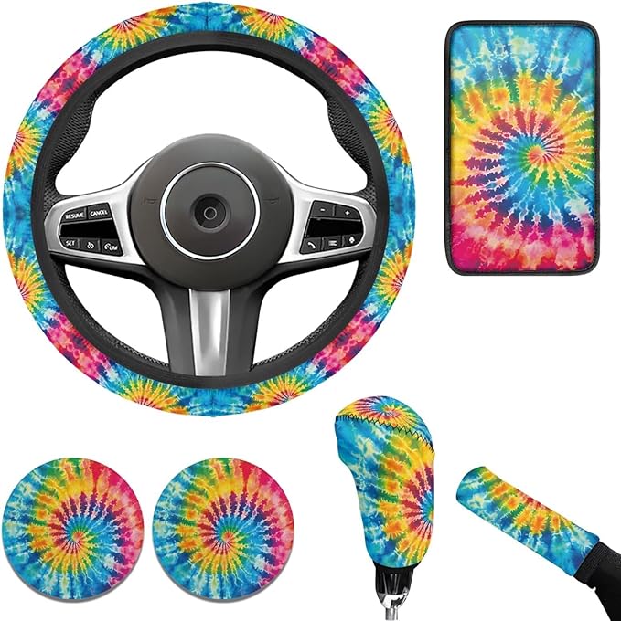Tie Dye Car Accessories for Women Fashion Hippie Steering Wheel Cover Car Handbrake Cover,Cup Mat 6 Pcs Auto Interior Decor Suit for Vans Truck SUV