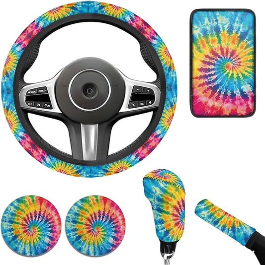 Tie Dye Car Accessories for Women Fashion Hippie Steering Wheel Cover Car Handbrake Cover,Cup Mat 6 Pcs Auto Interior Decor Suit for Vans Truck SUV