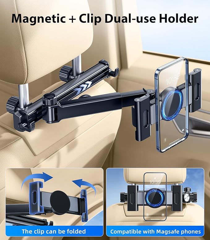 3 in 1 Extension Arm Tablet Holder for Car Headrest with Magnetic Phone Mount Compatible with Magsafe, Adjustable iPad Holder for Car Backseat Rear Facing for Kids Baby, Fit for 4.7"-13", Black