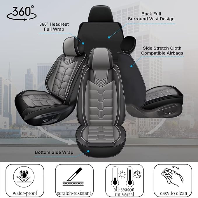 Seat Covers Fit for Chevrolet Chevy Traverse LS/LS Fleet/L 2018-2024 Full Set Car Seat Cover Faux Leather Seat Cushion Waterproof Auto Protectors(Black & Grey)-2 Rows 5 Seats