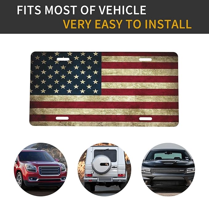 Rustic American Flag Front License Plate Aluminum Decorative License Plates Funny Metal Car Plate 6"X12" Novelty Vanity Tag Cover with 4 Holes Car Decor Accessory