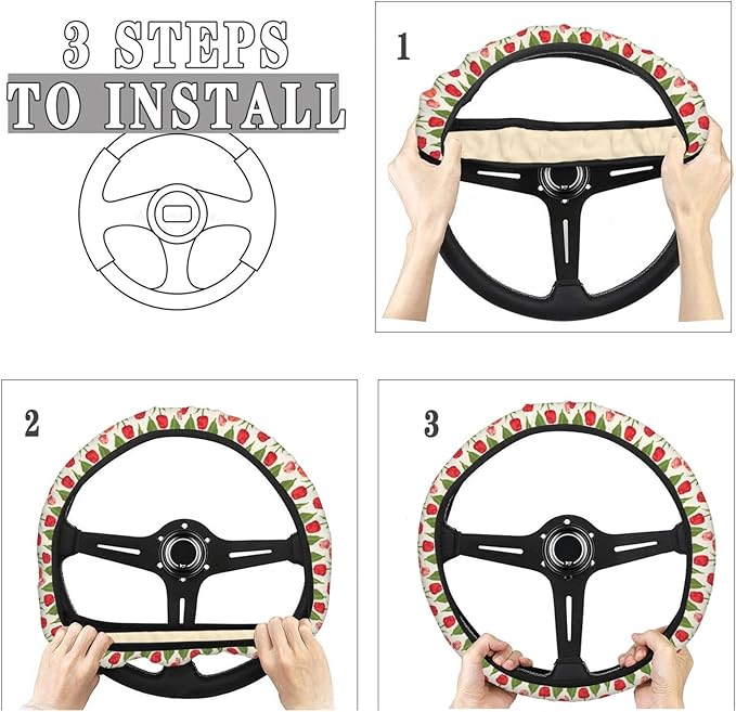 Tulips Flower Steering Wheel Covers Anti-Slip Elasticity Car Accessories Steering Wheel Protector Universal 15 Inch for Cars SUV Vehicle Truck