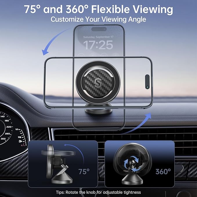 SYNCWIRE MagSafe Car Mount - Flexible Rotation Magnetic Phone Holder for Dash, Strong Magnets, Universal Compatible iPhone, Samsung, Pixel - MagSafe Car Accessories