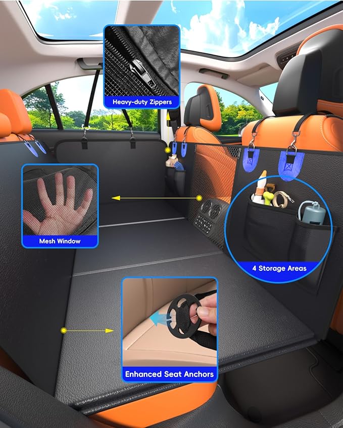 2-In-1 Convertible Hard Bottom Dog Hammock for Car, 100% Waterproof PU Leather Backseat Cover with Zipper Side Flaps, Non-Slip Extender for Large/Elderly Dogs & Multi-Dog Families,Fits SUV/Truck/Sedan