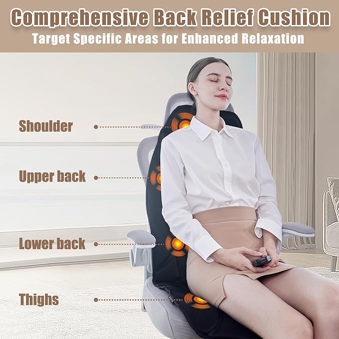 Portable Back Massager with Heat & Vibration - Deep Tissue Pain Relief for Shoulder, Back, Lower Back and Thighs - Office Chair Massage Pad, Ideal Gift for Men and Women