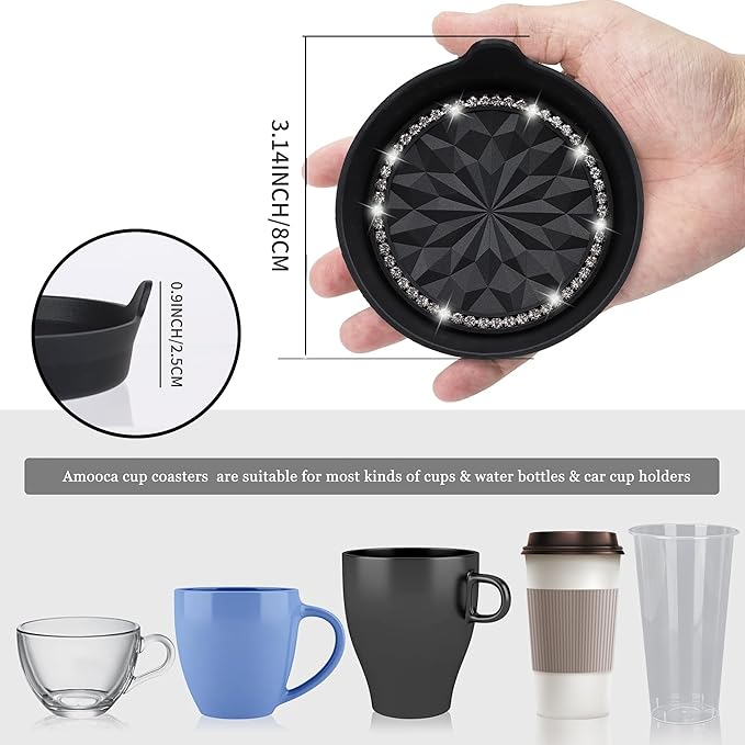 Amooca Car Cup Coaster Universal Non-Slip Cup Holders Bling Crystal Rhinestone Car Interior Accessories 4 Pack Black Flower