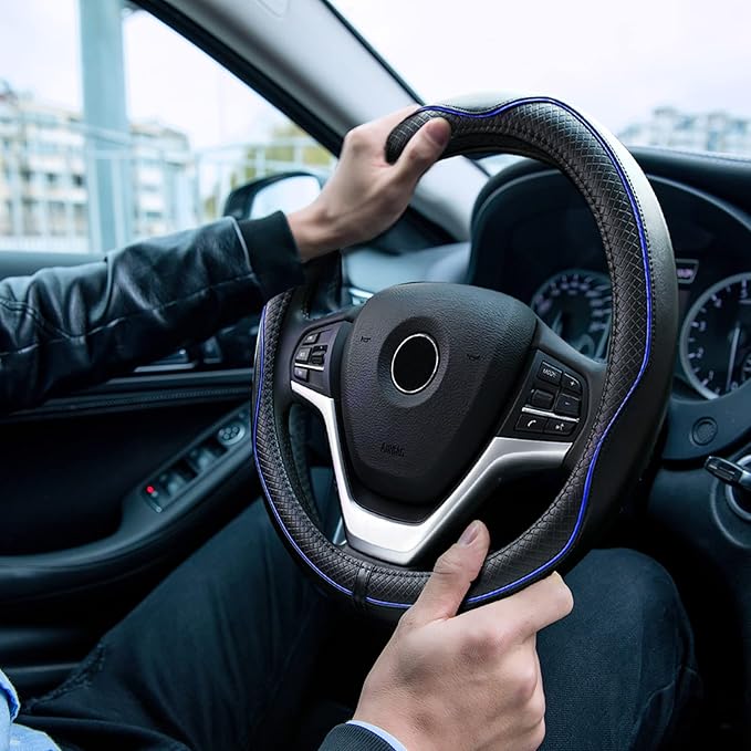 Rueesh Microfiber Leather Steering Wheel Cover Anti-Slip Matte Finish Auto Car Wheel Cover Universal 15 Inch Wheel Cover for Car Embossing Pattern Blue Line