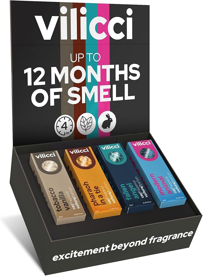 Vilicci Car Air Freshener | Luxurious Auto Perfume | Premium Hanging Air Freshener | Long Lasting Fragrance for Auto and Home | 1 Bottle of Car Scent (4 Count (Pack of 1), Gift Set)