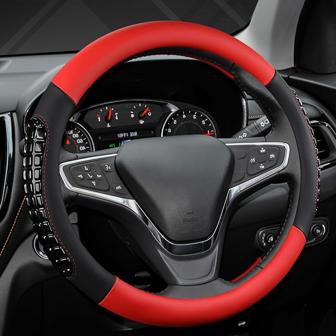 West Llama Nappa Leather Car Steering Wheel Cover Gel Massage,Cool in Summer,Universal 15 inch(Red+Black-Standard Size)